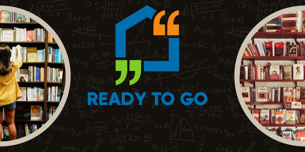 The R2G log with books behind it and math calculations on a chalk board.